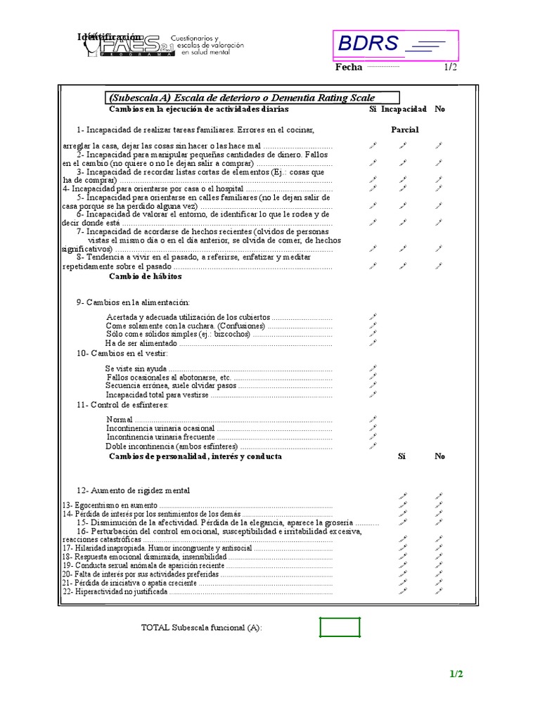 BDRS (Escala de deterioro o Dementia Rating Scale)